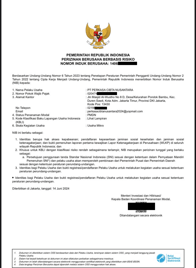Nomor Induk Berusaha (NIB)